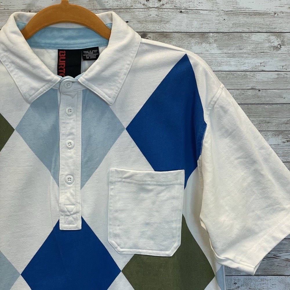 Burton Mens M Polo Shirt White Preppy Harlequin Diamond Blue Green Pocket Cotton